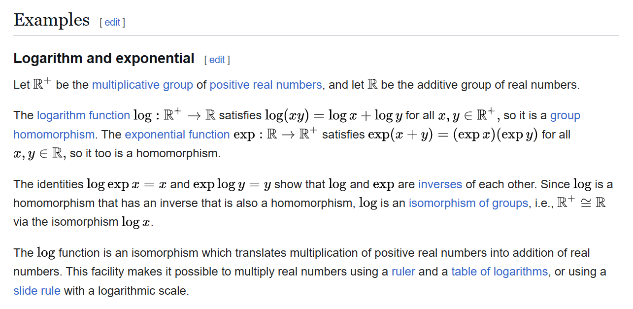 screenshot from https://en.wikipedia.org/wiki/Isomorphism#Logarithm_and_exponential
